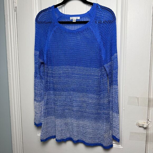 Blue Ombre Open Knit Sweater Womens XL Long Sleeve Vacation Greece Rayon - Picture 1 of 6